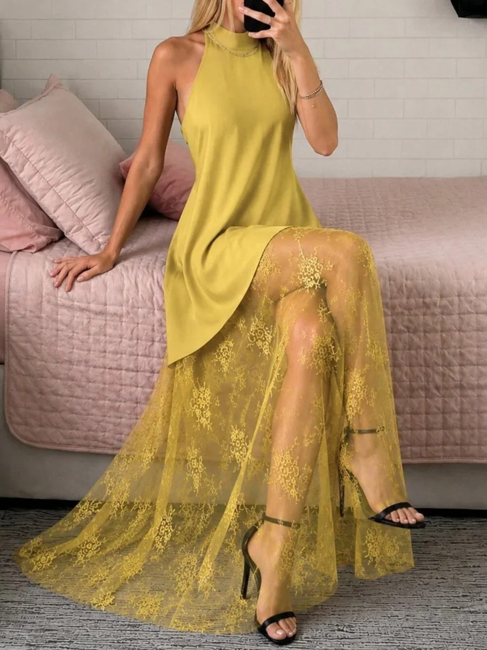 Yellow Casual Women's Sleeveless Sheer Lace detailed A-Line Dress - Picture 4 of 6